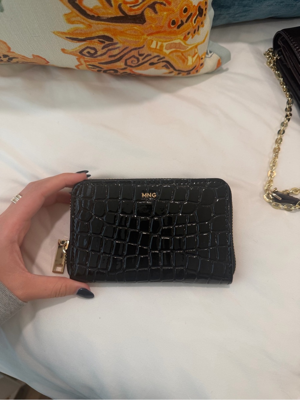 Mango Black Croc-Embossed Zip Around Wallet with Gold Accents